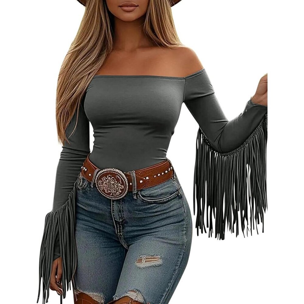 Women's Gray Western Cowgirl Off The Shoulder Fall Long Sleeve Shirts Blouse